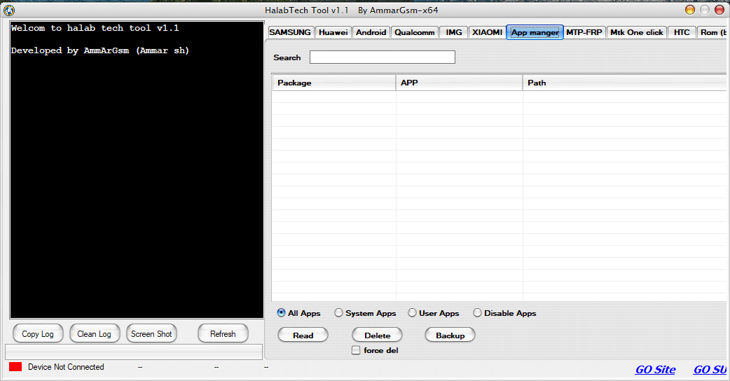 Halabtech samsung frp tool interface showing samsung frp bypass and device unlocking options
