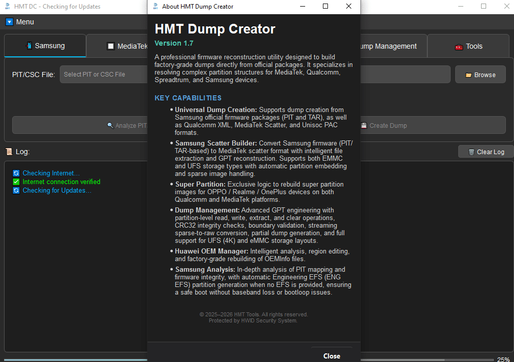 Hmt tool interface showing features and options