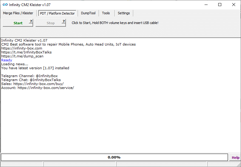 Infinity cm2 platform detector tool v1. 02 interface showing device detection and platform details