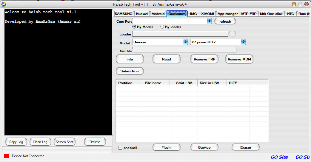 Halabtech tool interface showing android flashing frp bypass and firmware repair options