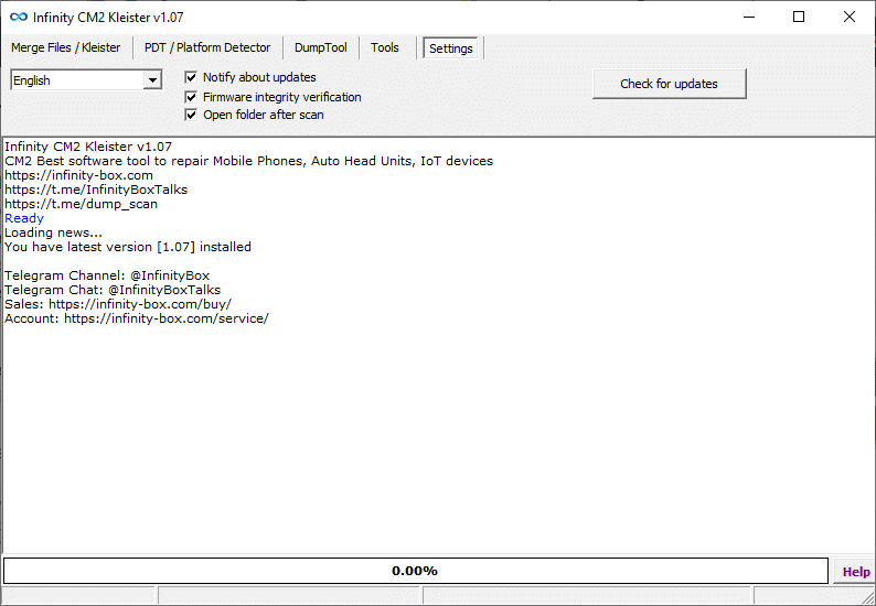 Infinity platform detector setup tool interface showing device detection and platform information panel.