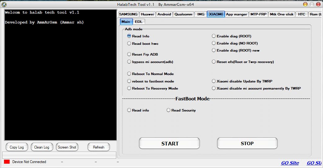 Halabtech tool support interface showing multiple mobile servicing and flashing options