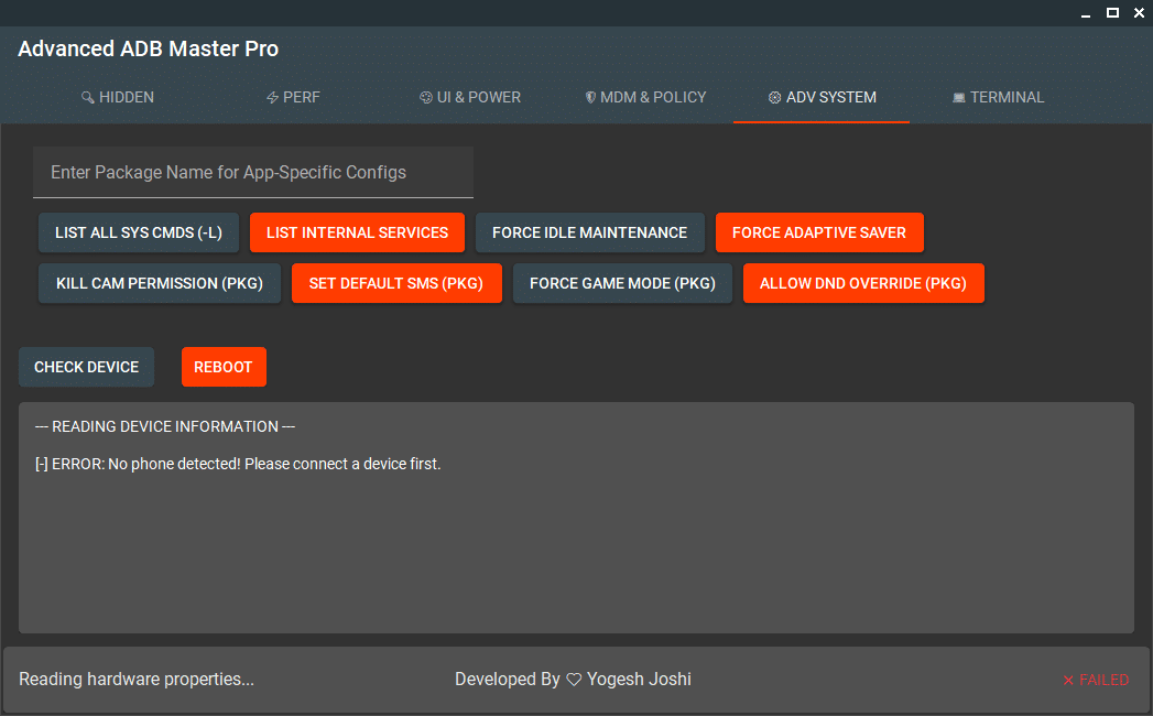 Advanced adb master pro tool interface showing android device management features