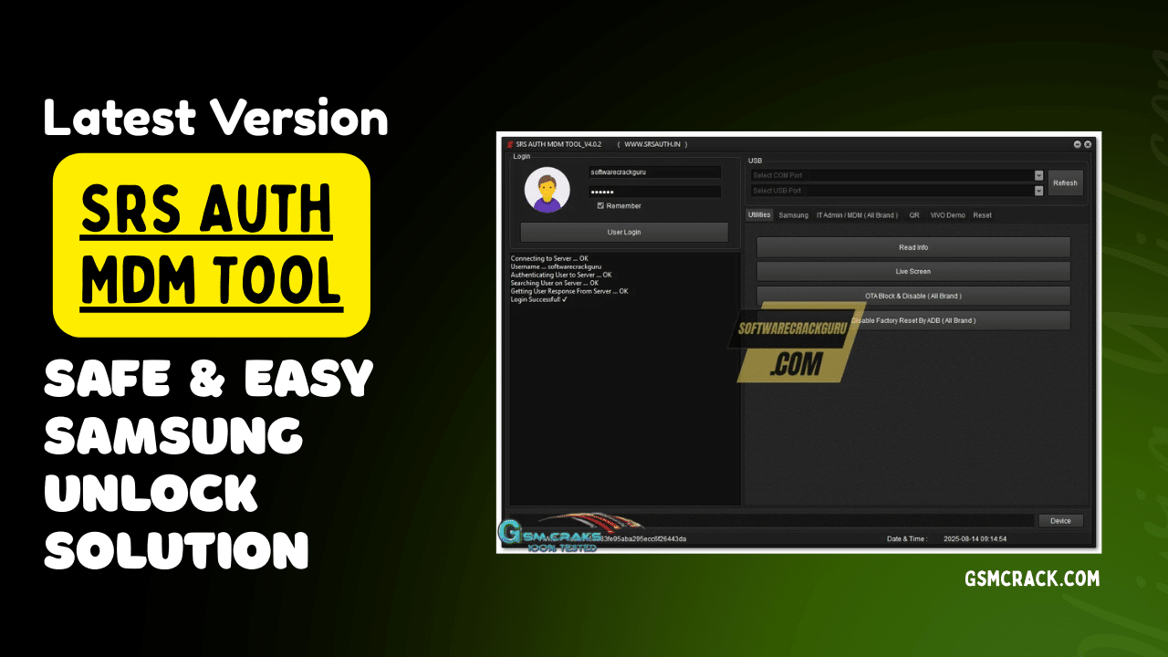 Mdm tool v2. 0. 0 interface showing android device management and unlock features
