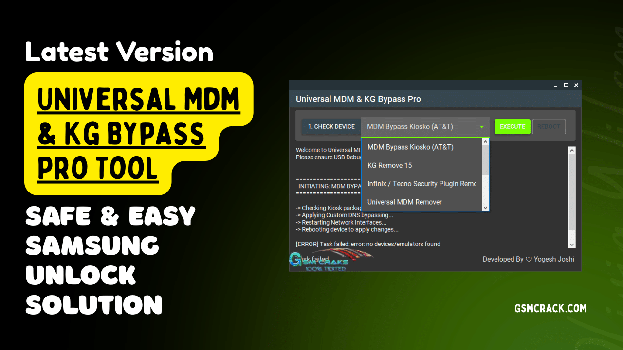 Universal mdm kg bypass pro tool interface for samsung kg lock removal and mdm bypass features