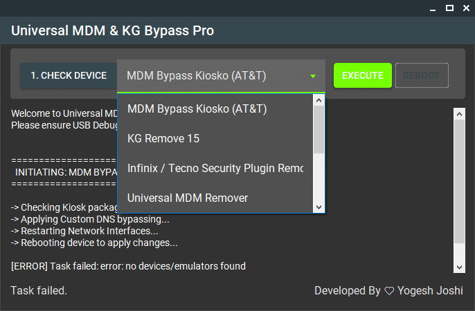 Universal mdm kg bypass pro tool interface showing android unlock and security bypass features